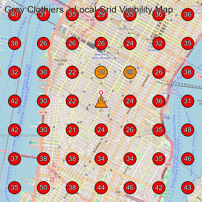 Grey Clothiers GeoGrid visibility map for Clothing Store in New York